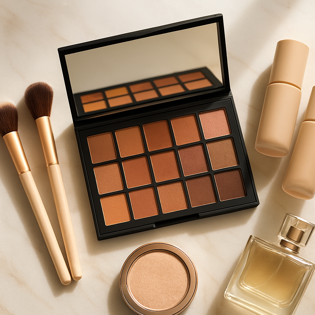 Luxury makeup palette and professional cosmetics on a marble countertop