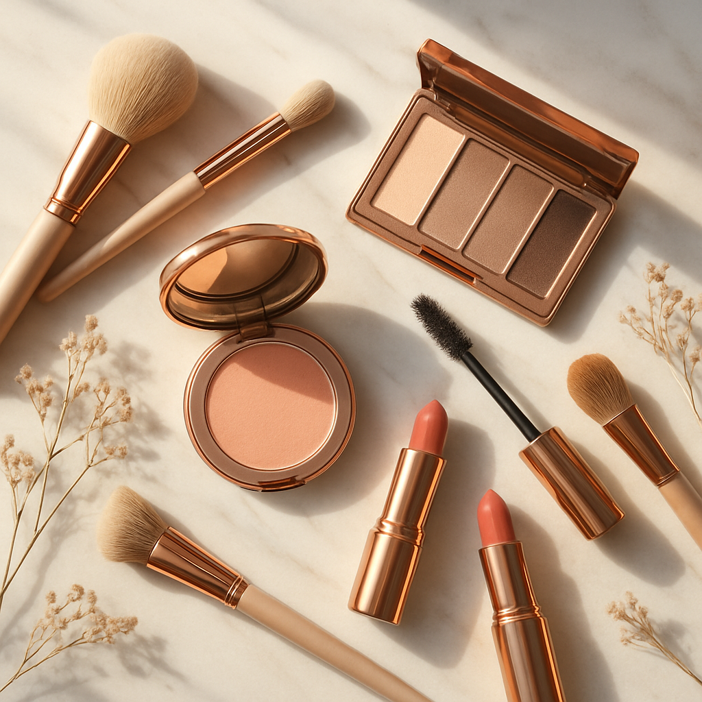 Professional makeup brushes and cosmetics arranged on marble