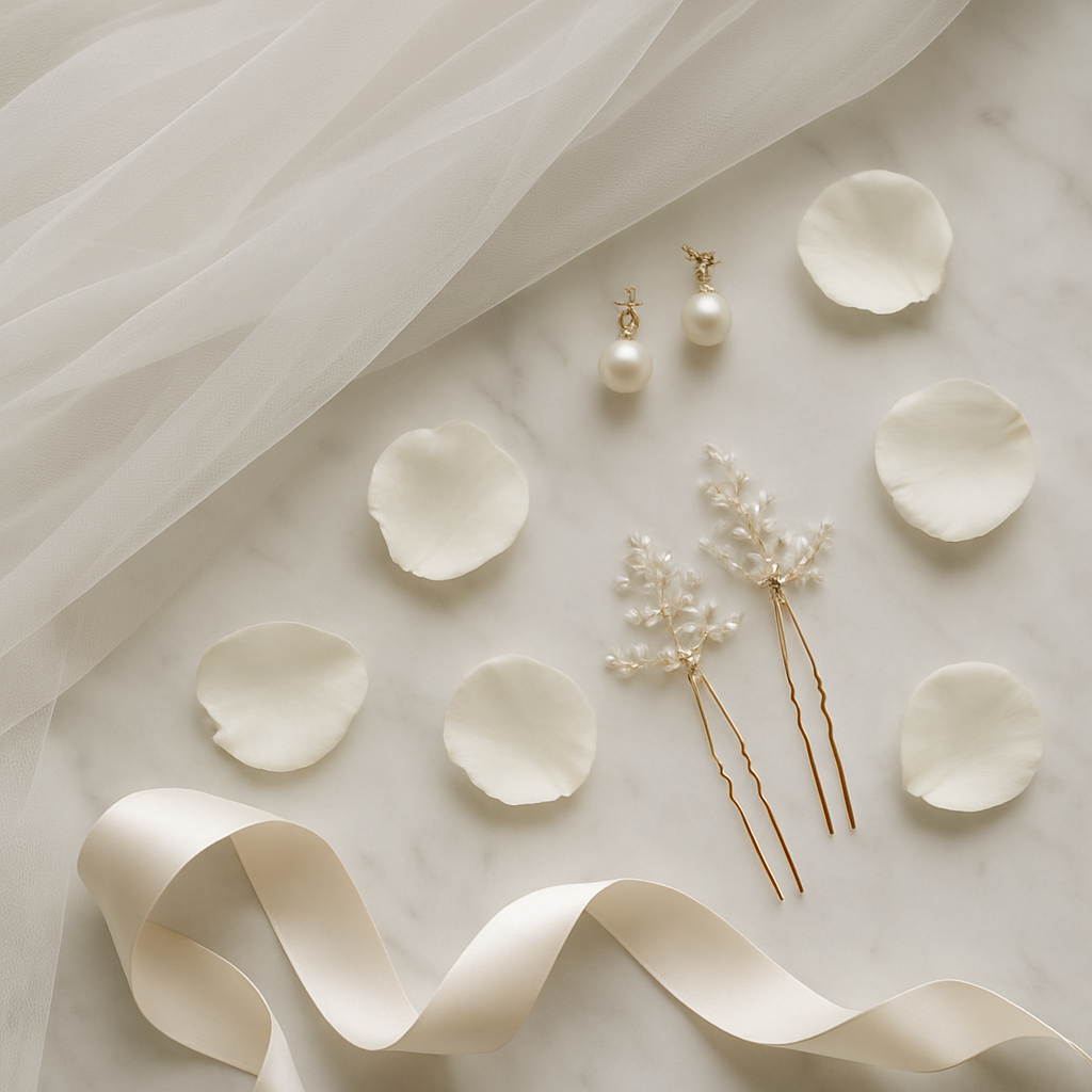 White wedding veil with pearl earrings and rose petals on marble
