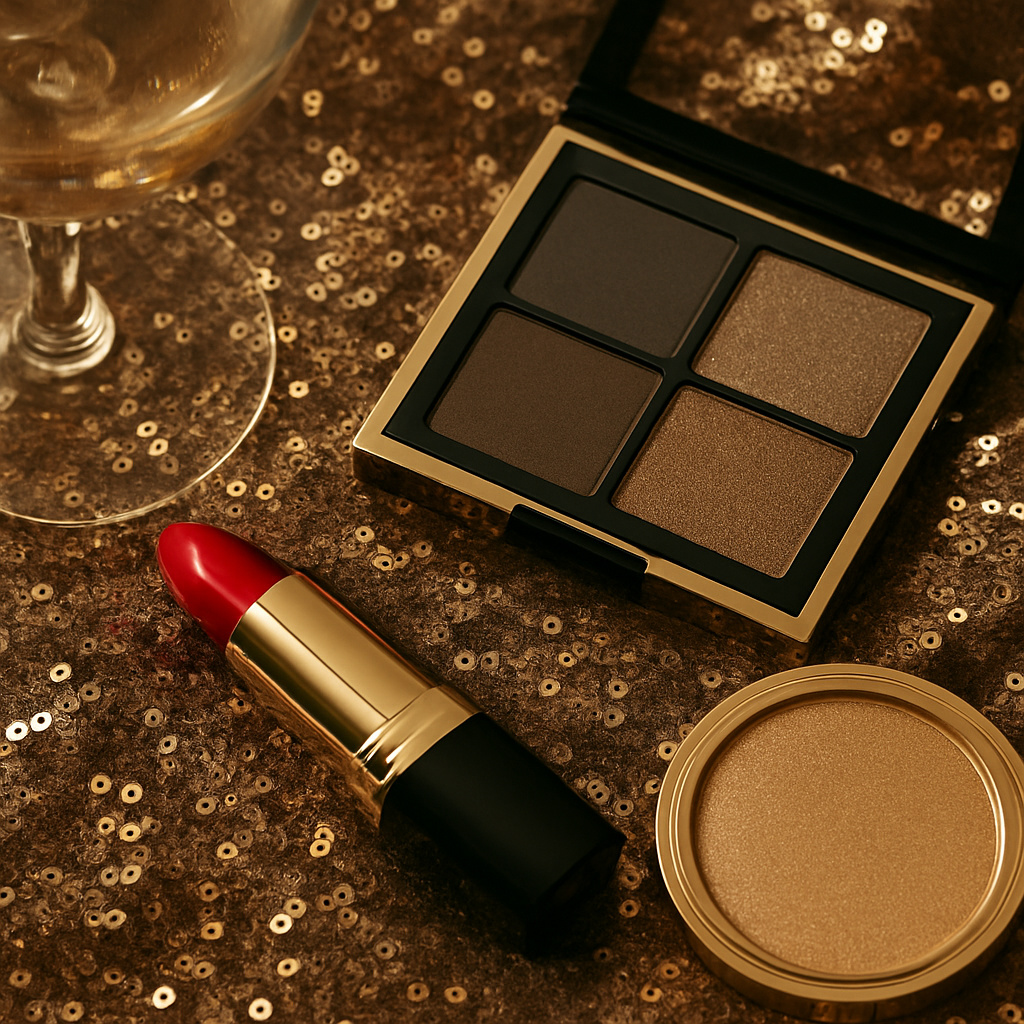 Glamorous event makeup flat lay with bold lipstick and shimmer highlighter