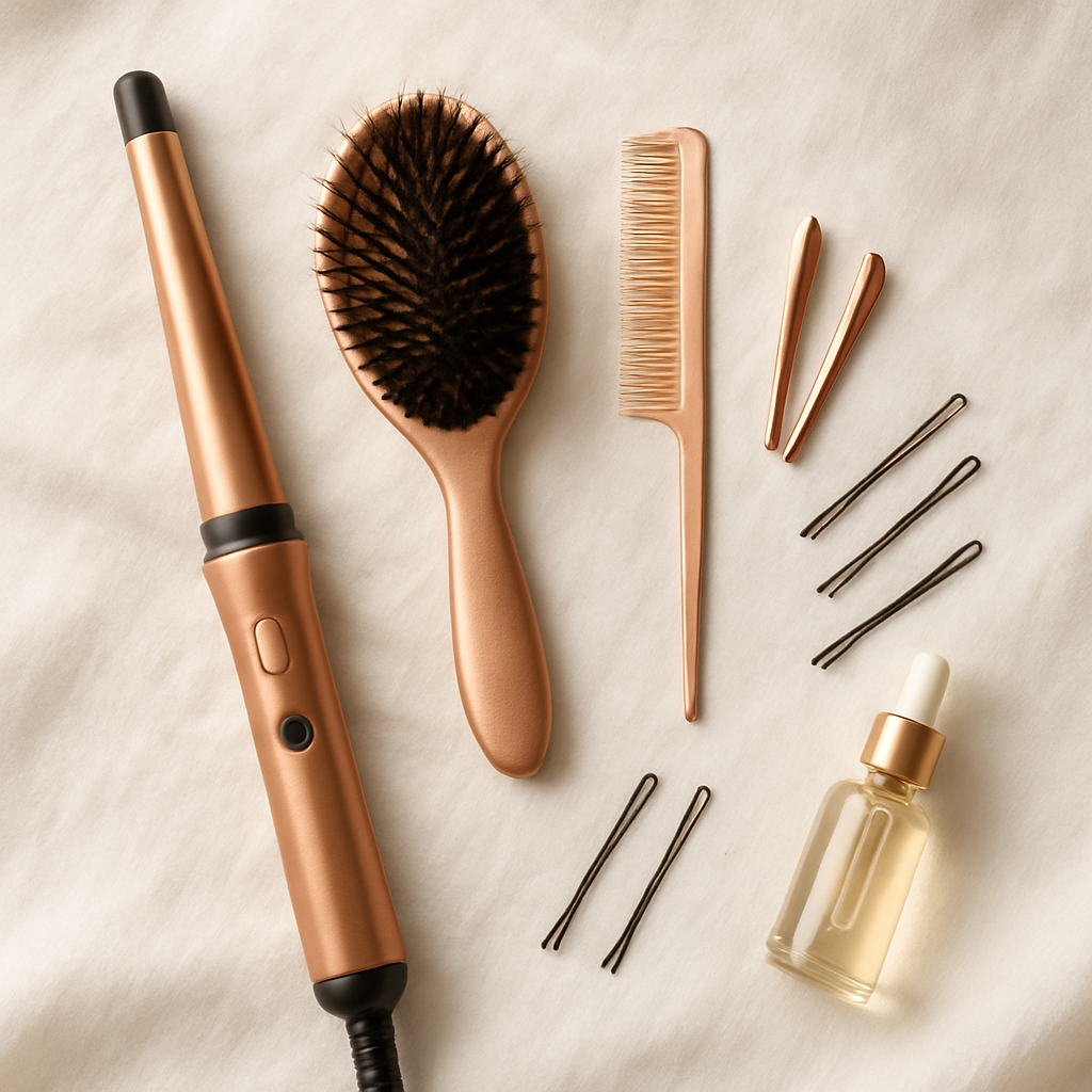 Professional hair styling tools including curling wand and brushes
