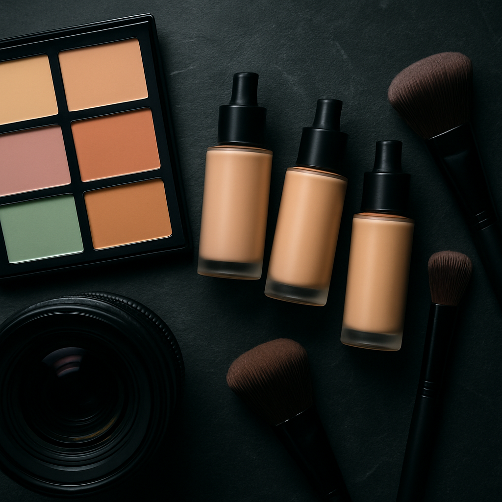 Airbrush foundation bottles and contouring brushes beside a camera lens